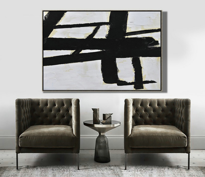 Large Contemporary Painting,Horizontal Palette Knife Minimal Canvas Art Painting Black White Beige - Acrylic Painting On Canvas
